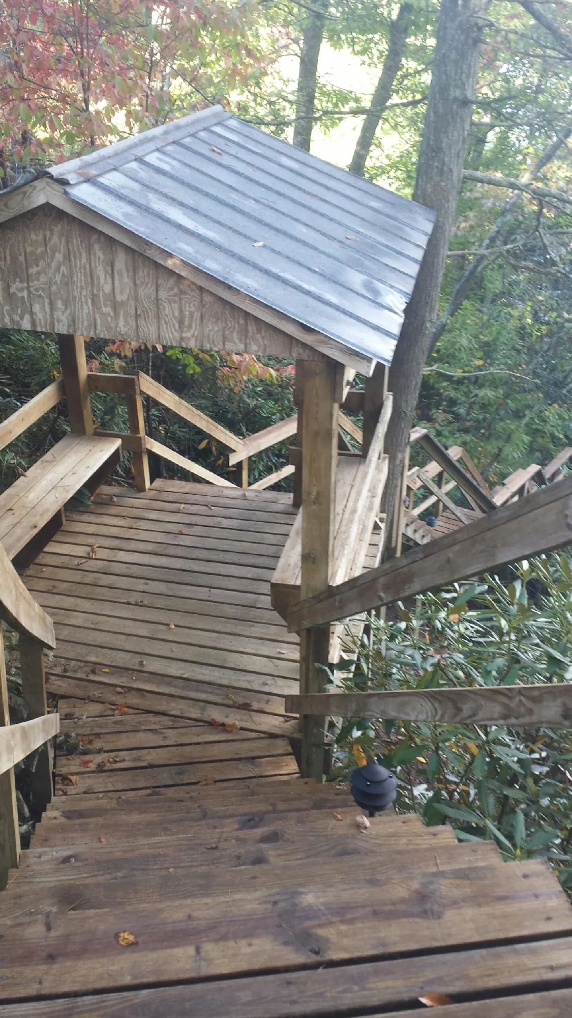 Metal roofed shelter over wooden steps on a wooded walkway — Skylight Repair & Installation work by our crew in Reedsville